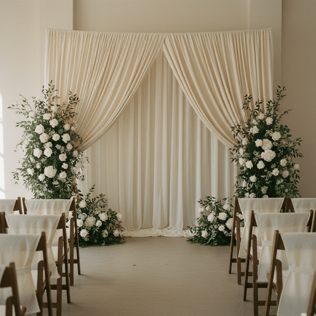 Wedding ceremony backdrop with champagne draping and white floral arrangements