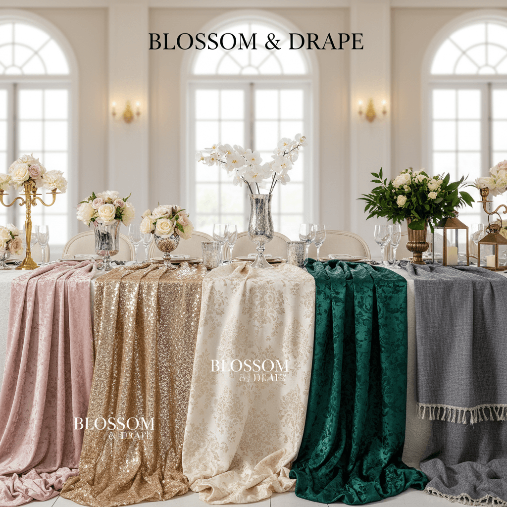 Elegant table with a variety of premium tablecloths in different colors and textures