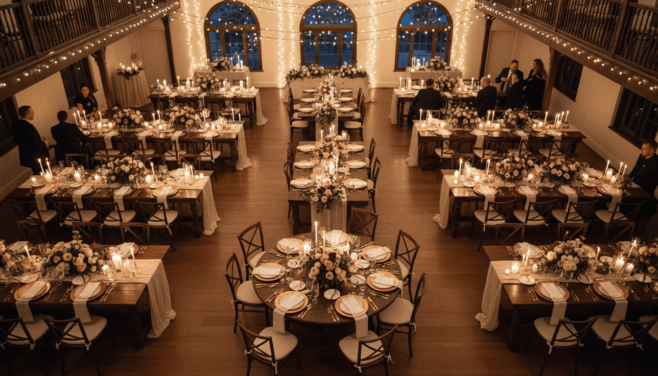 Overhead view of elegantly decorated wedding reception tables with floral centerpieces and candlelight