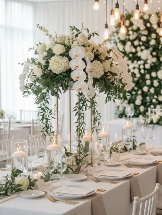Elegant wedding table with a tall white floral centerpiece, gold accents, and floating candles.