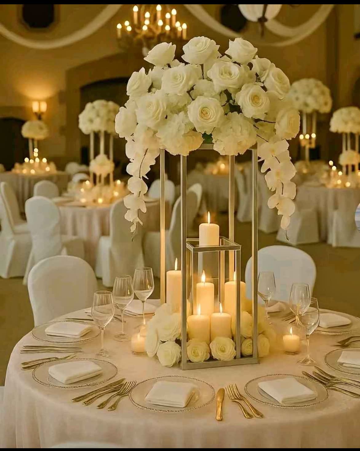 Tall gold centerpiece with white roses, orchids, and glowing pillar candles on a wedding table.