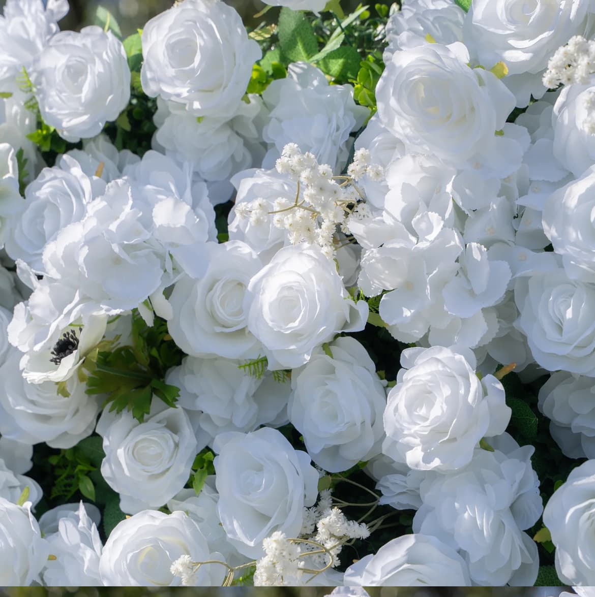 Dense arrangement of blooming white roses and small white flowers with scattered green leaves.