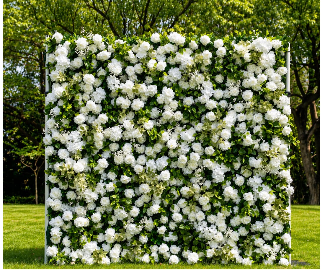 Large square wall of white roses and green foliage standing outdoors on a green lawn.