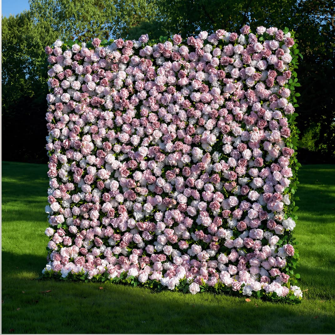 Rectangular backdrop of pink and white roses standing on a lush green lawn outdoors.